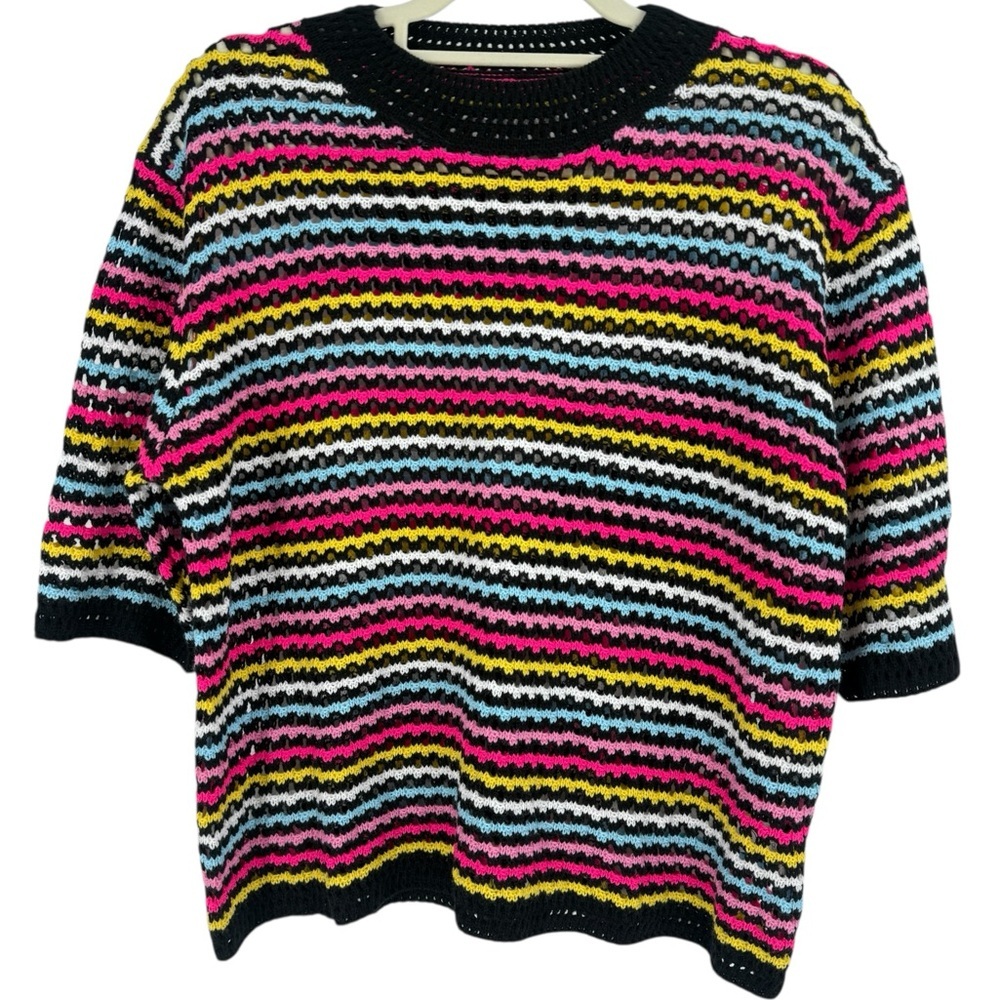 Vintage-Inspired Rainbow Crochet Knit Striped Sweater Boho Indie Color Pop Knit - Picture 11 of 15